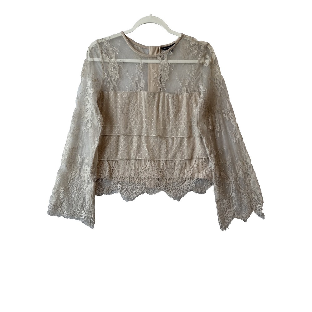 AE Sheer Lace Swiss Polka Dot Bell Sleeve Blouse M Blush Coquette Romantic Fairy